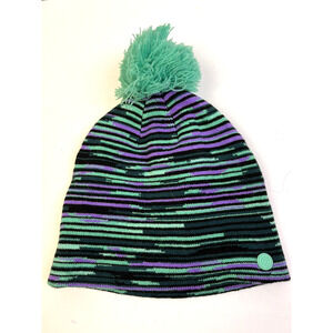 Champion Toboggan Beanie Knit Hat Girls Pom Pom Green Stripe Outdoors Ski